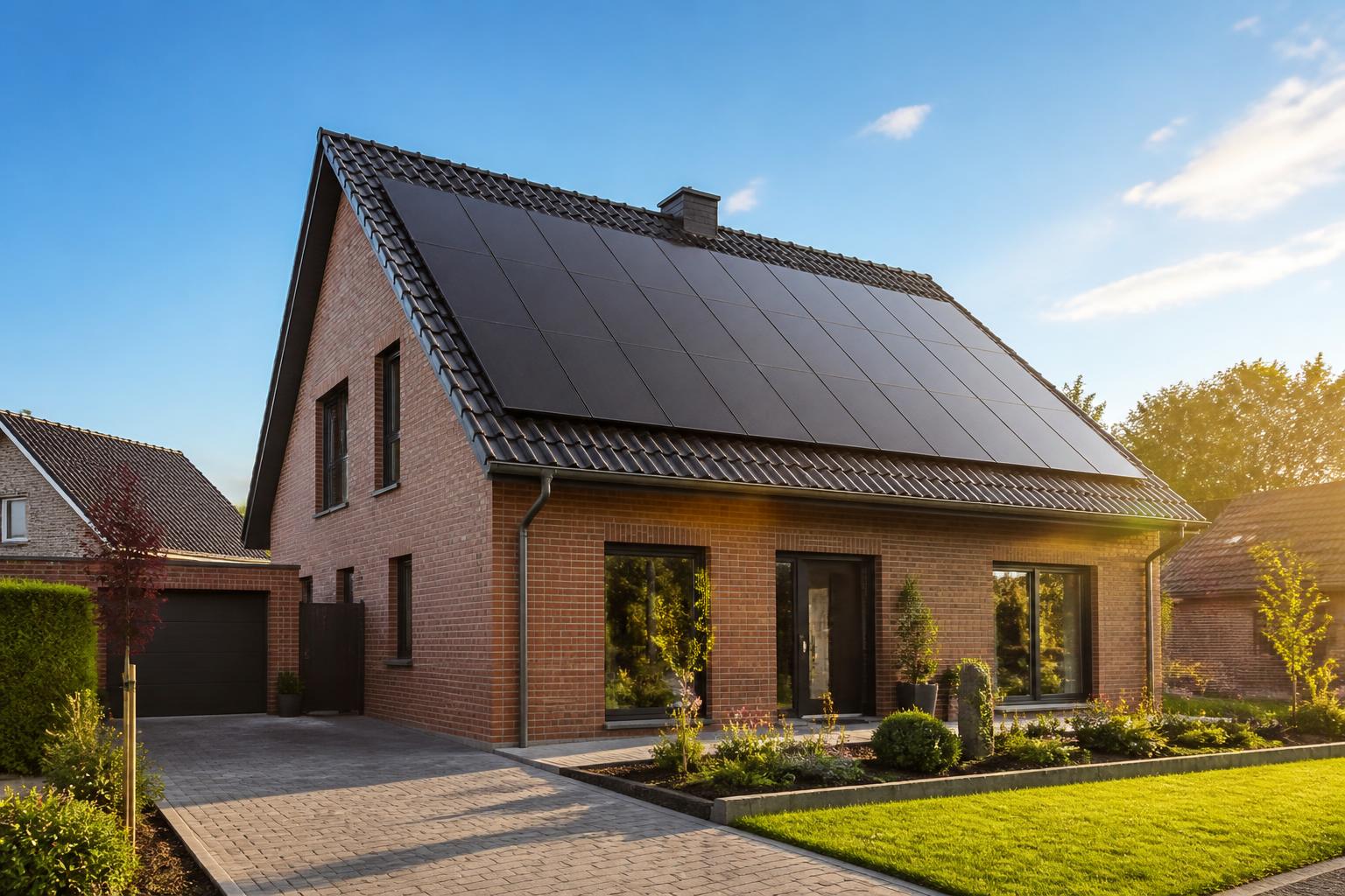 Modernes Einfamilienhaus mit großer Photovoltaikanlage auf dem Dach