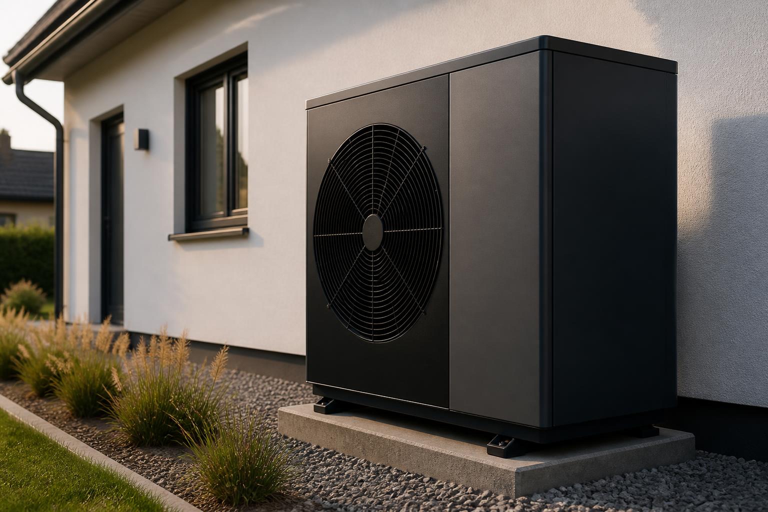 Moderne Wärmepumpe vor saniertem Haus